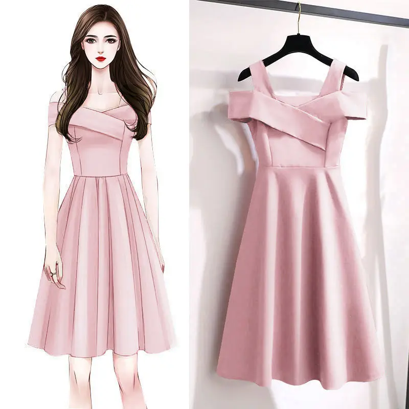 (40-100kg) 2025 New Big Size Slim Pure Color Dress French Style Graceful Sweet Slash Neck Dresses Girls Fashion Joker Date Skirt