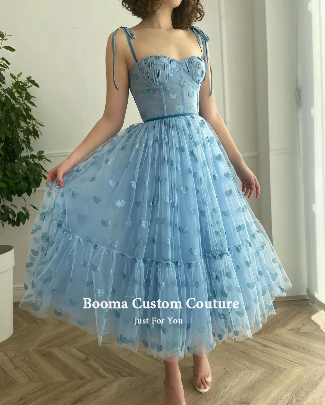 Booma Baby Blauw Stevig Tulle Prom Dresses Spaghettibandjes Sweetheart Midi Prom Jassen Thee-Lengte A-lijn Formele Party Jurken