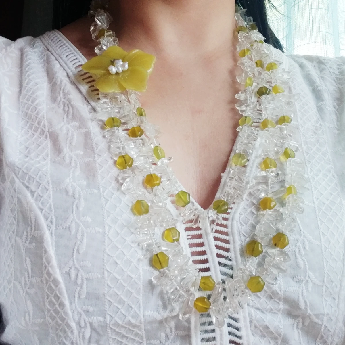 

Lii Ji Real Stone Crystal Quartz Lemon Jade Flowers Mutil Strands Statement Necklace 70cm Women Party Jewelry Gift