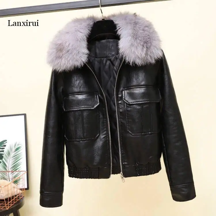 

Big Fake Fox Fur Collar New Women Winter Warm Faux Leather Jackets Motorcycle PU Leather Jacket Female Warm Coats