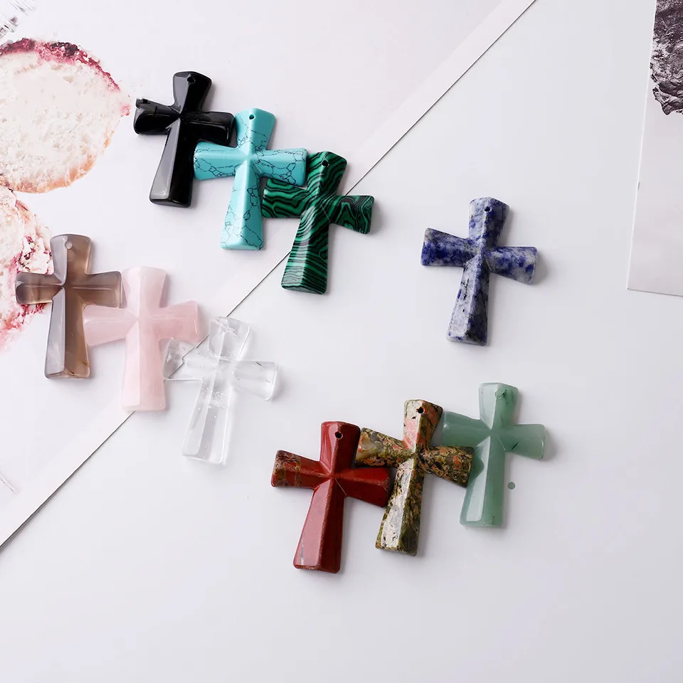 Qimoshi Handmade Natural Carved Gemstone Cross Pendant Necklace for Men & Women with Adjustable Rope Charms Jewelry Girls