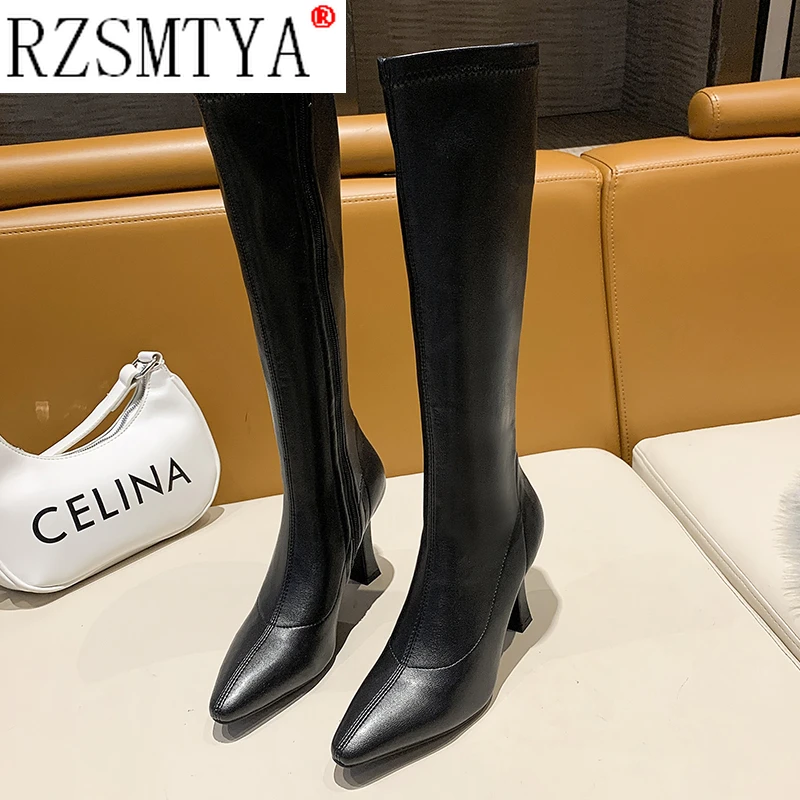 Autumn Women Boots pointed Toe Knee High Boots Fashion High Heel Long Boots Zipper Winter Shoes Ladies 2021 White Black