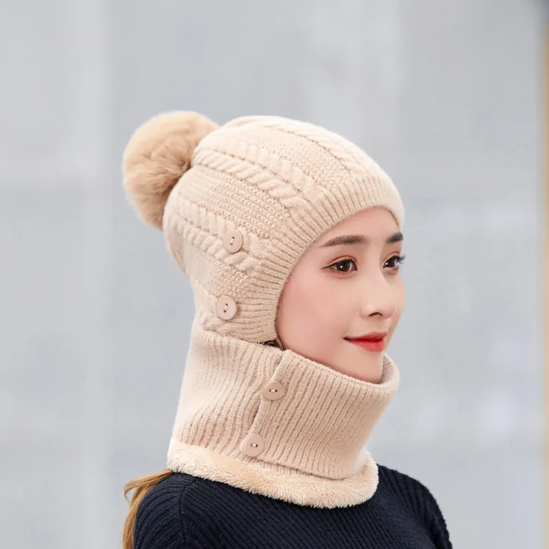 K251 Winter Hat Women\'s hat One-Piece Warm Hat Knitted Bib Bubble Hat Thick Wool Hat Cold Hat Hat With Earmuffs Baotou Cap