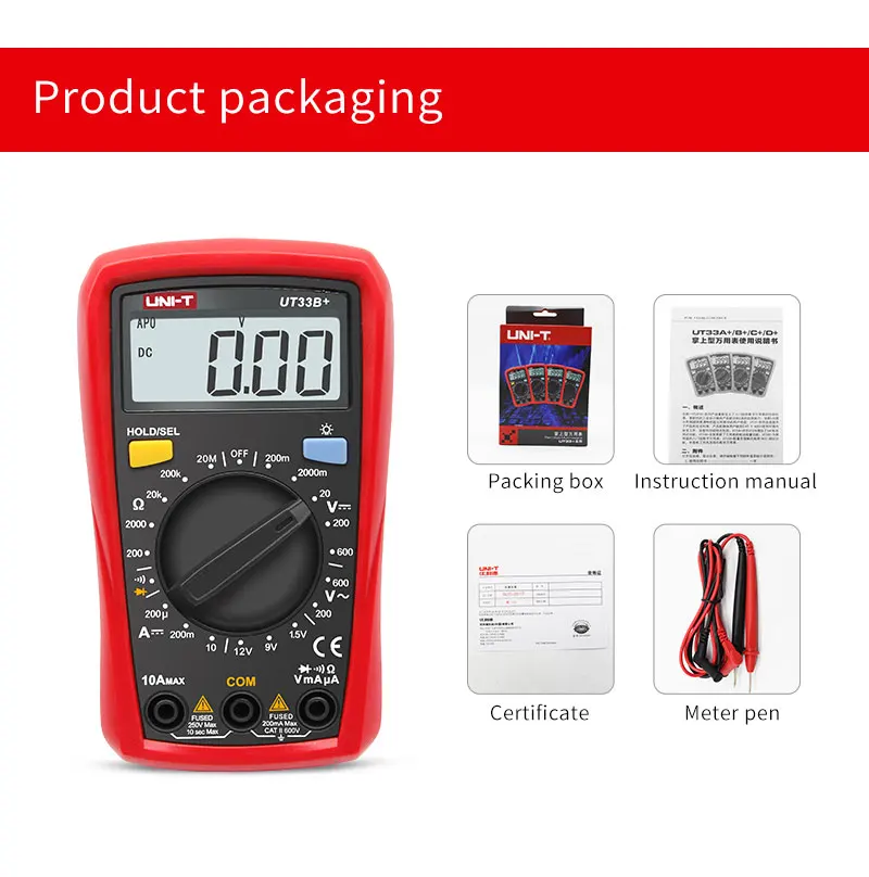 UNI-T UT33A+ UT33B+ UT33C+ UT33D+ Palm Size digital Multimeter With Capacitance/NCV/Diode test/Continuity buzzer