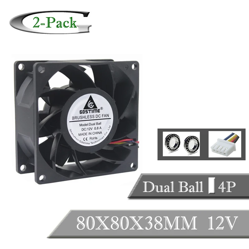 

2PCS Gdstime 8038 DC 12V 8cm 80mm Ball Bearing Waterproof Cooling Fan 80x80x38mm PWM 4Pin Inverter Cooler Cooling