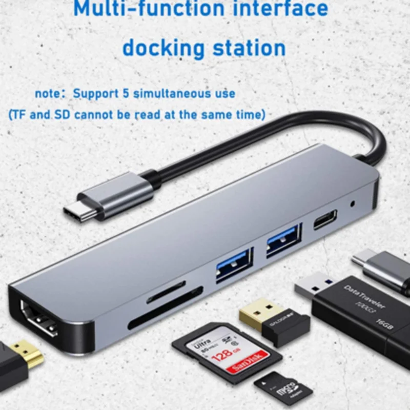 

USB Type C Docking Station USB C Hub 3.0 Adapter 6 in 1 HDMI SD/TF Card Reader for Macbook Air iPad Laptop Computer Peripherals