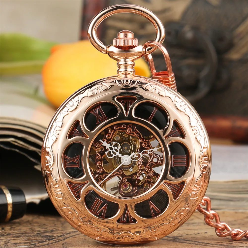 

Pumpkin Flower Hollow Rose Gold/Black Manual Mechanical Pocket Watch Trendy Vintage Chain Clock Hand Winding Pocket Timepiece