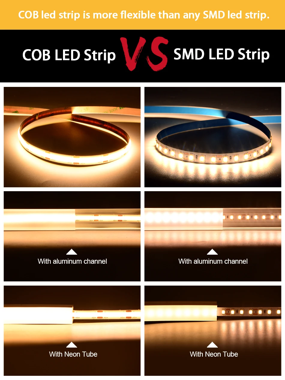 320 480 LEDs/m COB LED Strip Lights 16.4ft Flexible Tape Ribbon Lighting RA90 DC12V 24V Dimmable 3000K 4000K 6500K Led Strip