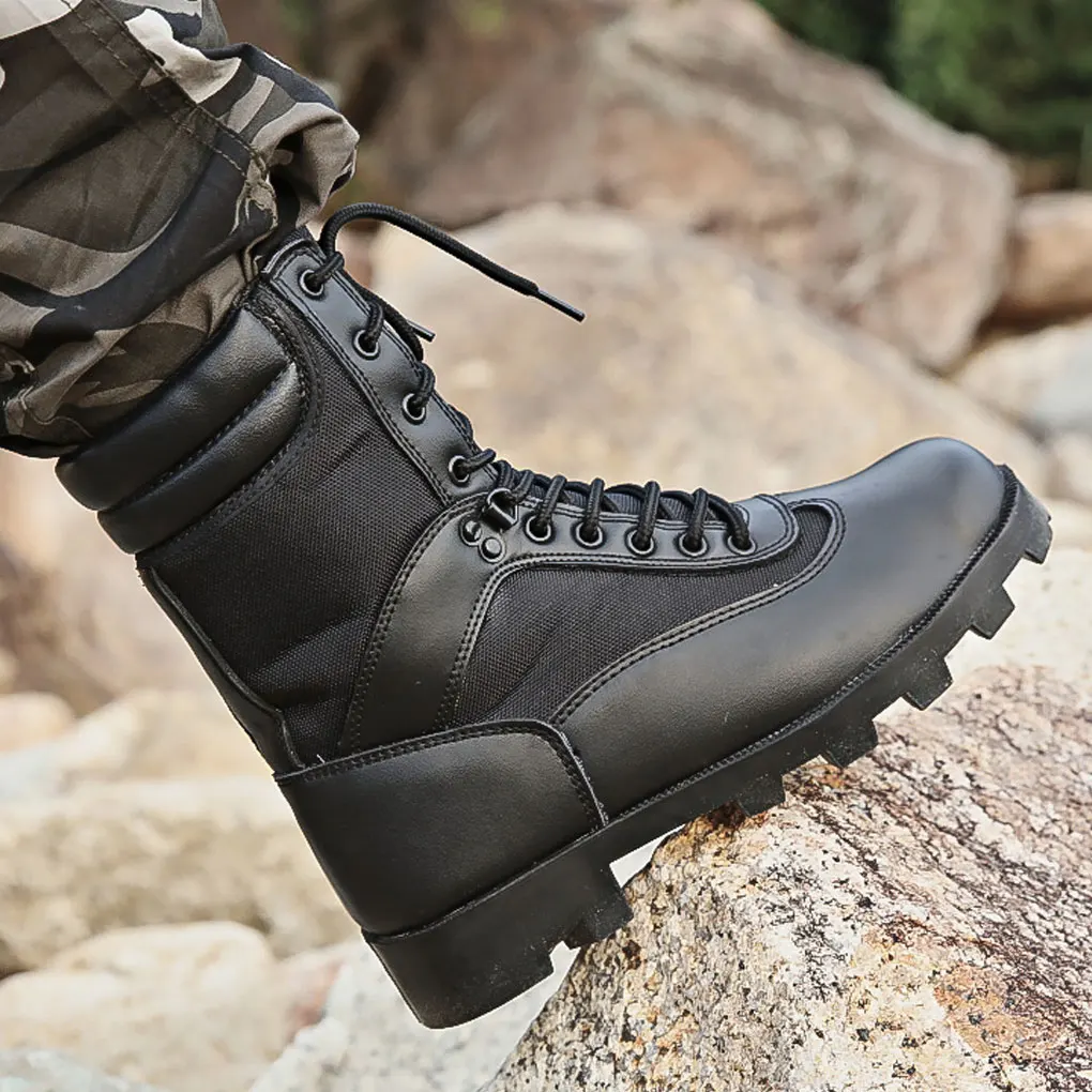 CQB.SWAT Black Leather Breathable Tactical Mens Boots Wearable Combat Black Zipper Jungle Boots