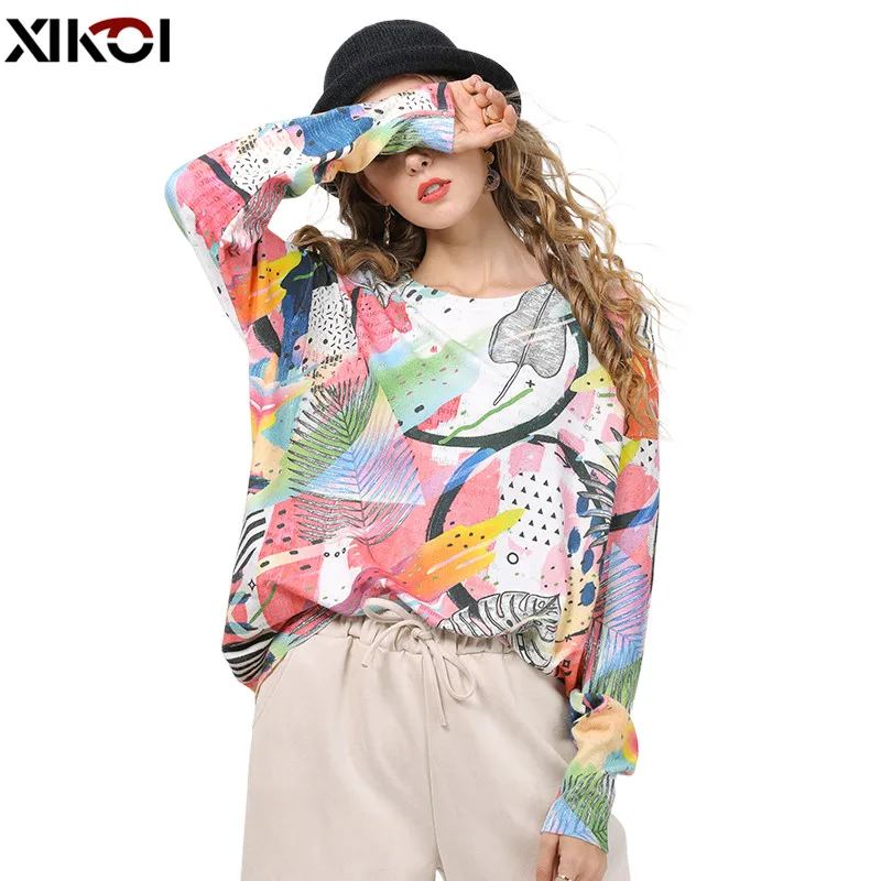 XIKOI-Vestido feminino de malha estampada, manga comprida, solto, camisola Kint, tops femininos, pulôver, jumper extragrande, inverno