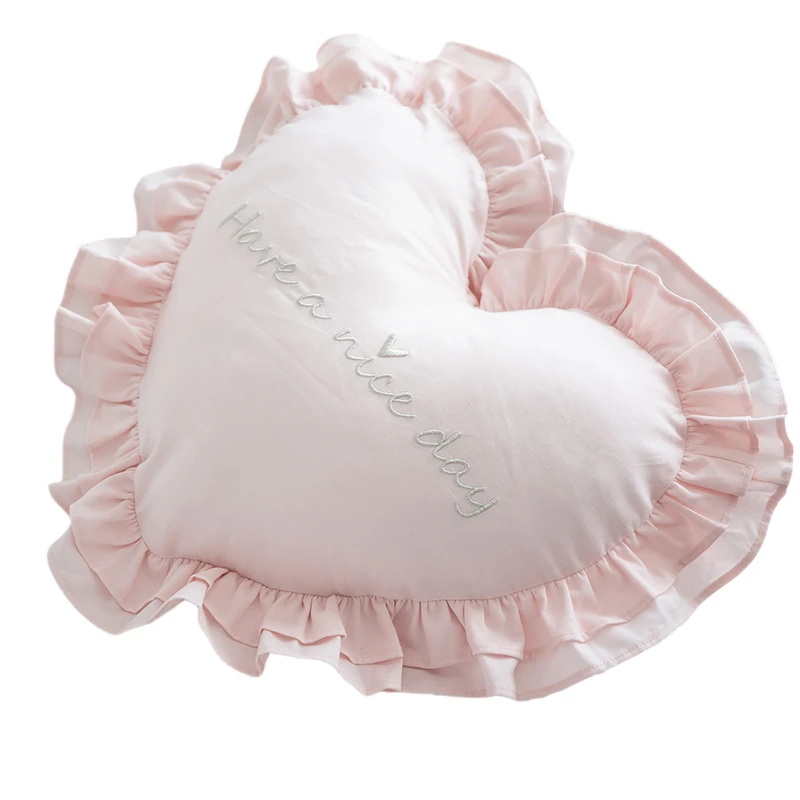 Ruffled Heart-Shaped Cushion Love Embroidery With Core Pillow Cotton Solid Color Sofa Cushion Princess Decorative Throw Pillows