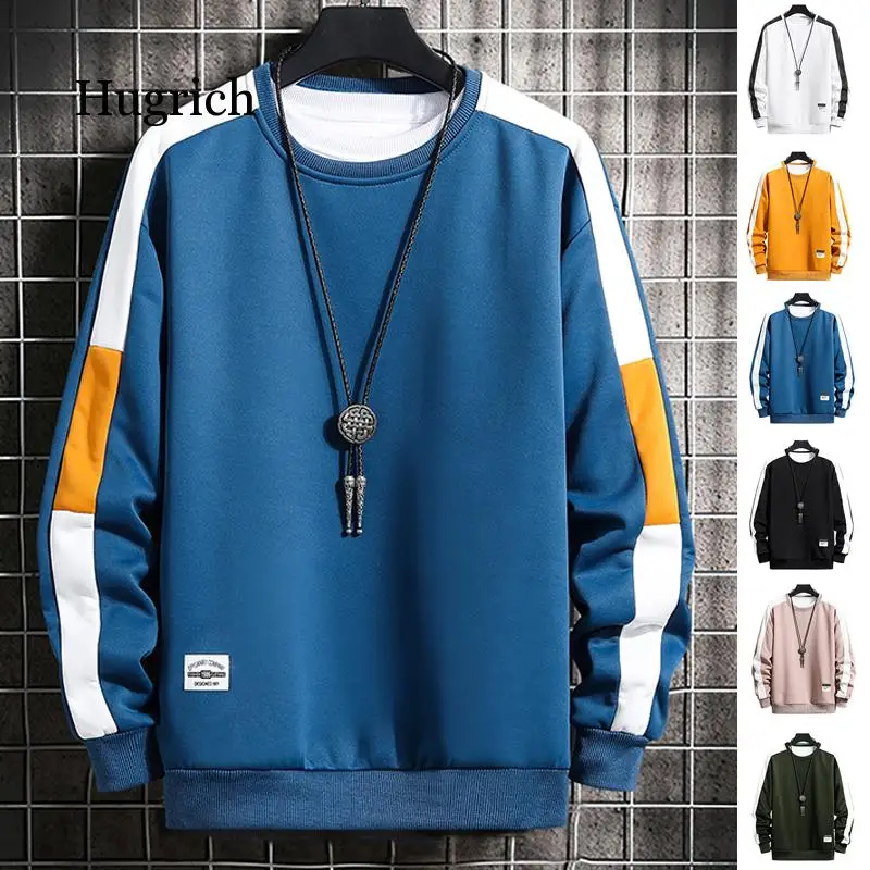 

Casual Sweatshirts Men 2021 New Trend Harajuku Hoodies O-Neck Long Sleeve Mens Solid Patchwork Sweatshirt Pullover Hip Hop Tops