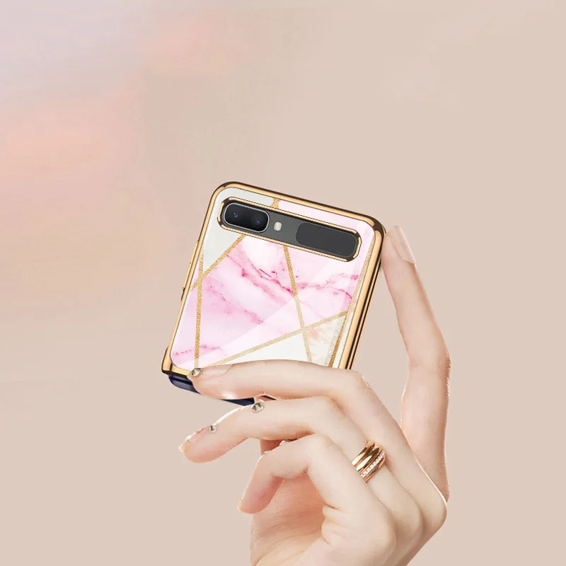 Z Flip 3 Funda Case for Samsung Galaxy Z Flip 3 Z Fold 3 Pink White Stitching Marble Tempered Glass Coque Phone Case Cover Capa