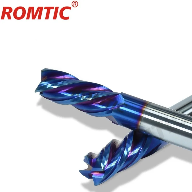 ROMTIC HRC70 4-Flute Milling Cutter Tungsten Steel Carbide Blue Nano Coating Flat End Mill For CNC Maching Endmills Tools