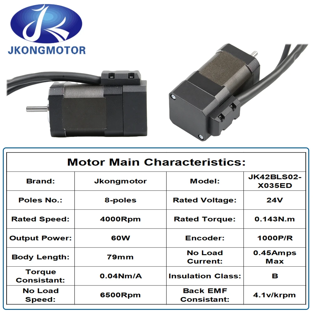 JKM JK42BLS02-X035ED Brushless DC Motor L=79mm 24V 60W 8-poles 0.143N.m BLDC Servo Motor with Encoder 1000P/R For DIY Design