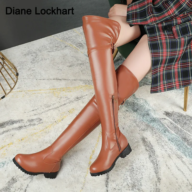 2024 Black Low Heels Over The Knee Boots Women Platform Thigh High Boots Autumn Winter Long Boots Sexy Beige Brown Size 34-43