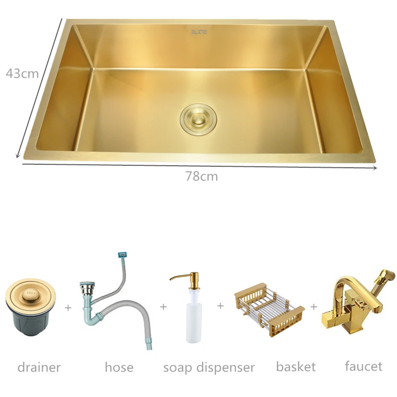 Gold Home Improvment Black Sink With Accessories Sink Bowl Kitchen Sink 304 Stainless Steel Undermount Kinchen Sink Bowl 78x43cm