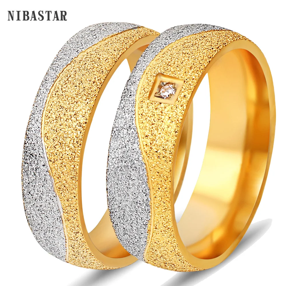 sand blasted gold-color stainless steel CZ couple engagement ring for women men wedding jewelry