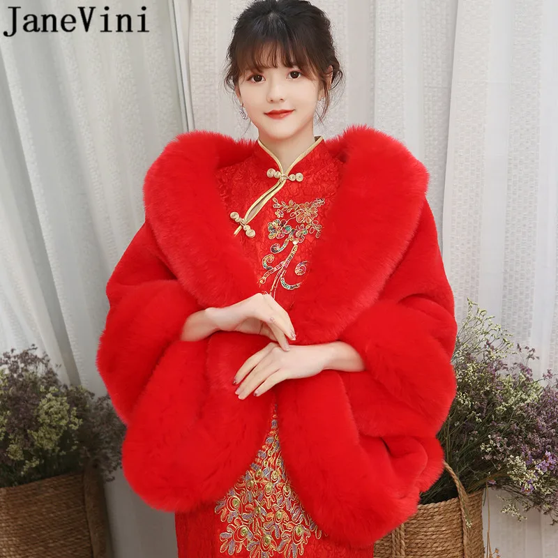 JaneVini Plus Size 165*55 cm Women Fur Jacket Cape Shawl Winter Stole Wedding Bolero Bridal Wraps Faux Fur White Red Cape Rouge