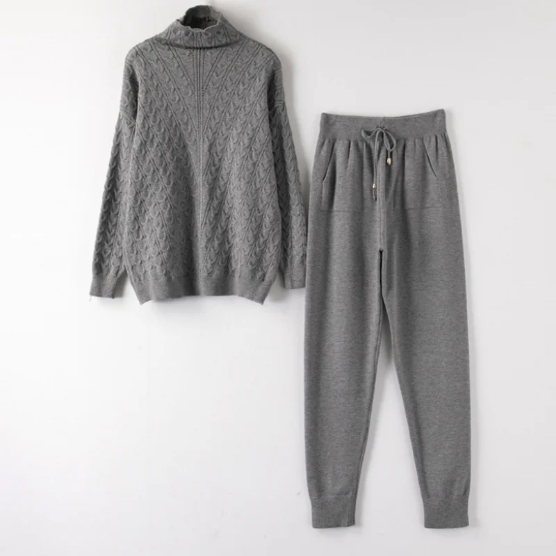 Women Autumn winter sweater suits set Knitted tracksuit Warm soft turtleneck pullovers and long pants for female knitted Sets