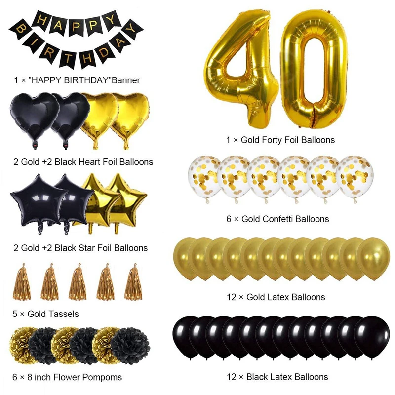 Happy Birthday Party Decoration Banner Black Golden Balloon Celebration Suit For Adult Big Size 30/40/50/70 Foil Helium Ballons