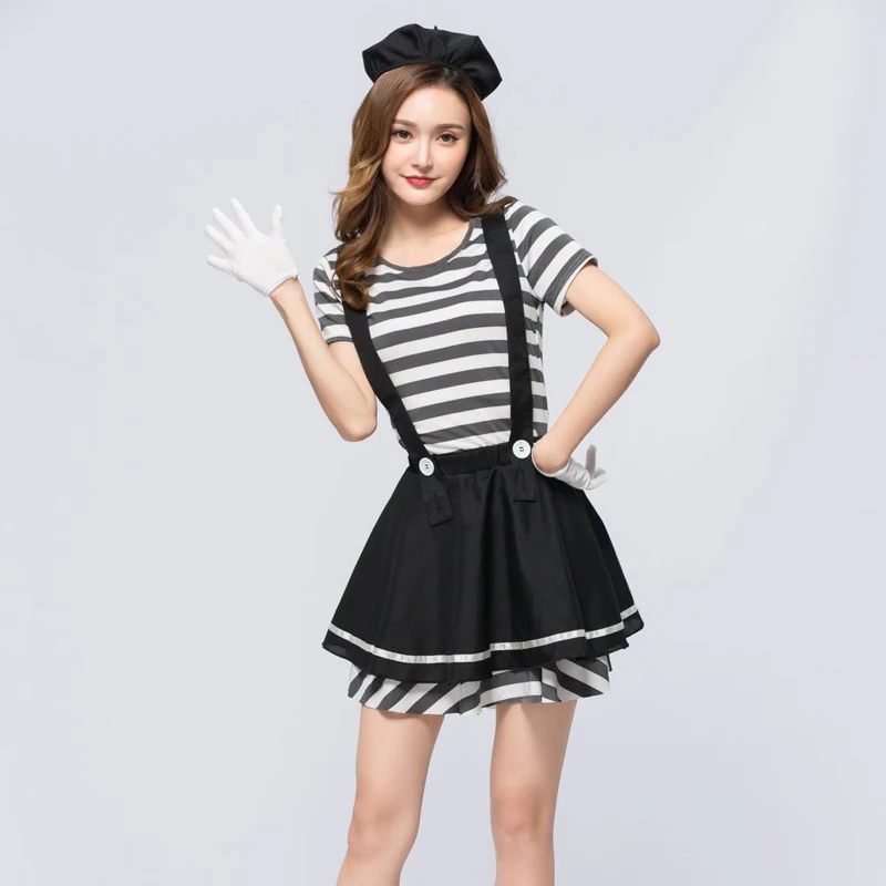 Adult Women Mesmerizing Mime Cosplay Costume Women Sexy Funny Circus Clown Costume For Halloween Party Fancy Dress With stocking