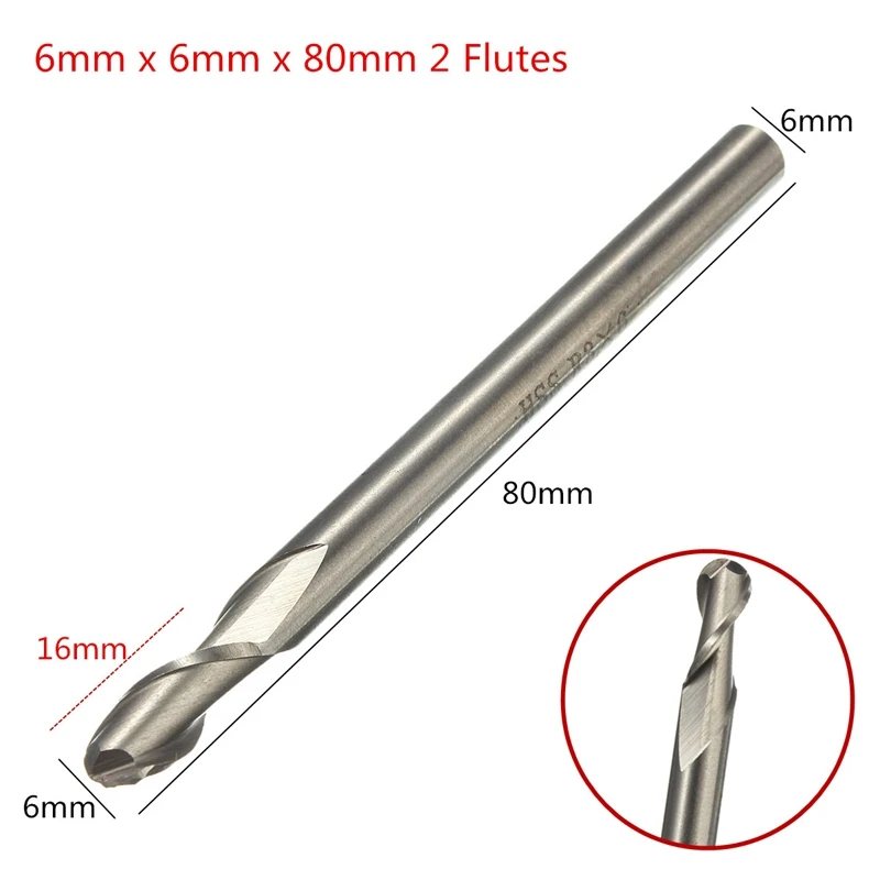 1PCS HSS & Aluminium 6mm x 6mm 2 Flute Ball Nose End Milling Lathe Cutter CNC Bit Tool 80mm Long Top Quality Drill Bits