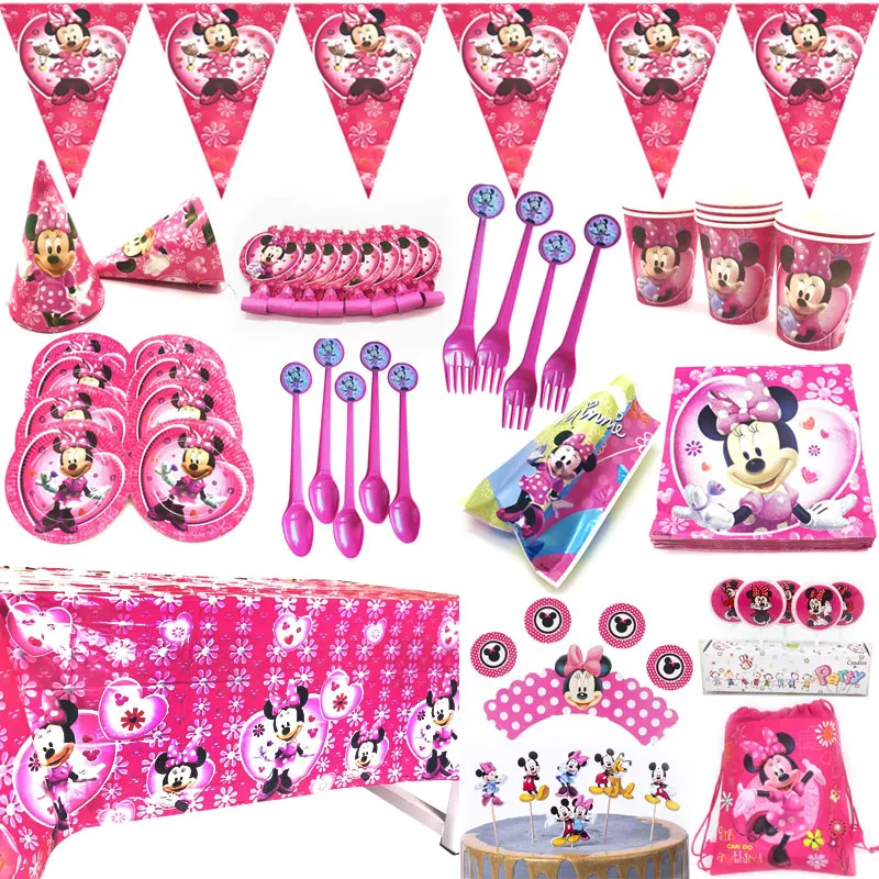 Disney Cute Pink Minnie Mouse Theme Party Supplies Paper Cup Plate Cap Straw Gift Bag Kids Girl Birthday Party Baby Shower Decor