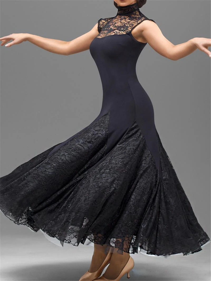 

Ballroom Waltz Dance Dress Lady's Elegant Lace Black Sleeveless Dancing Costume Women Ballroom Competition Dance Dresses