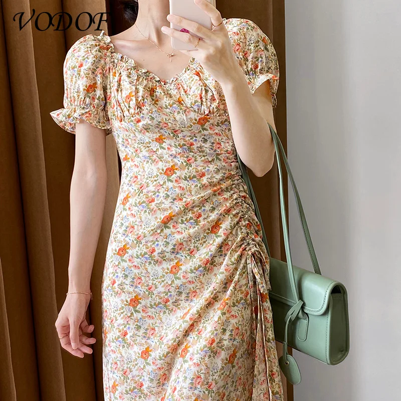 VODOF Summer Dress Women's Short Sleeve Sleeve Floral Print Ruffle Party High Split Long Skirt Dress Drawstring Sexy