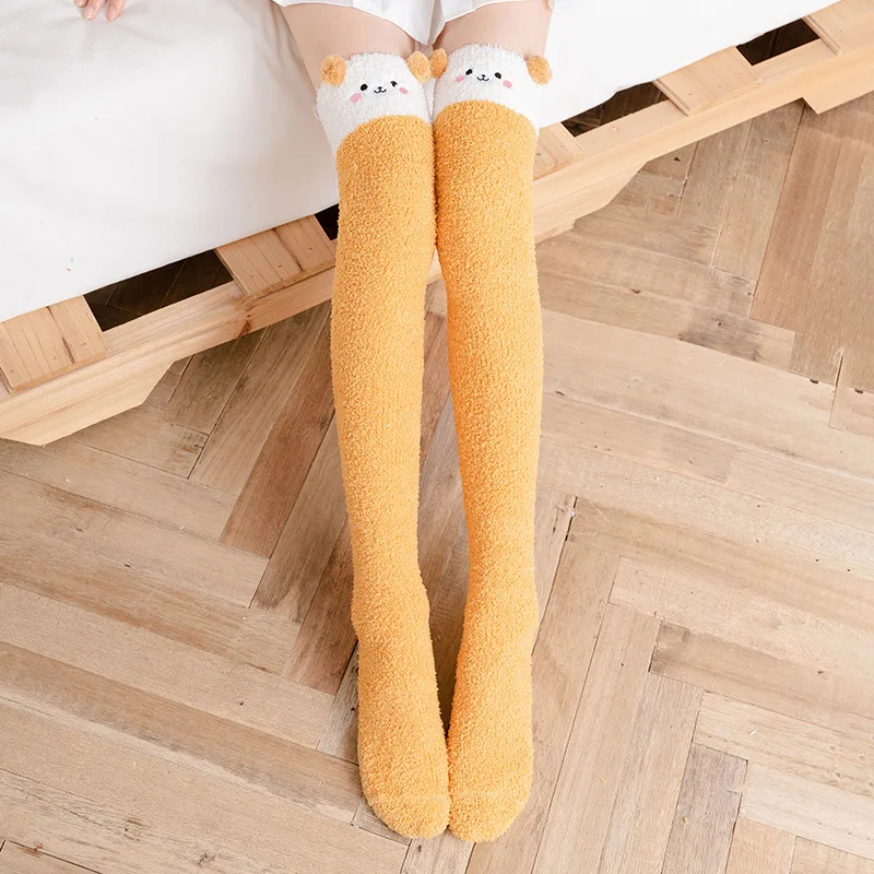 Kawaii Plush Thigh High Stockings Girls Winter Warm Cartoon Bear Fuzzy Long Socks Women Cozy Over Knee Fleece Fluffy Leg Warmers