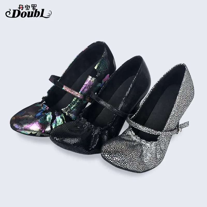 DOUBL-zapatos de baile de salón para mujer, calzado de baile cómodo para adultos, estándar, vals, Tango, piel auténtica, tacón bajo negro