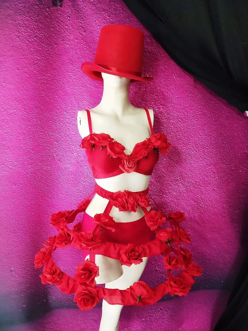 Red white rose stage flower love costume women stage performance DJ DS show singer costumes Sexy party wear