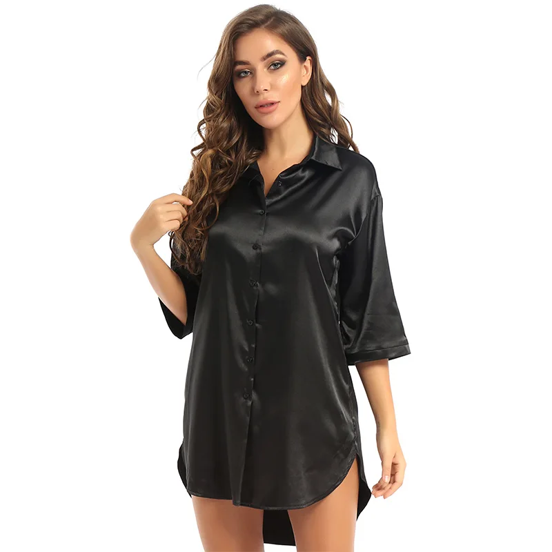Women Soft Satin Loose Loungedress Sleepshirt 3/4 Long Sleeve Boyfriend Style Turndown Collar Button Shirts Nightgown Sleepwear