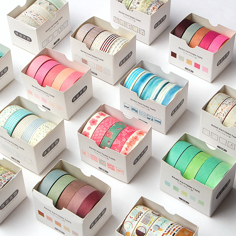 5Pcs/Set Grid Washi Tape Cute Decorative Adhesive Tape Solid Color Masking Tape for Stickers Scrapbooking DIY Stationery Tape