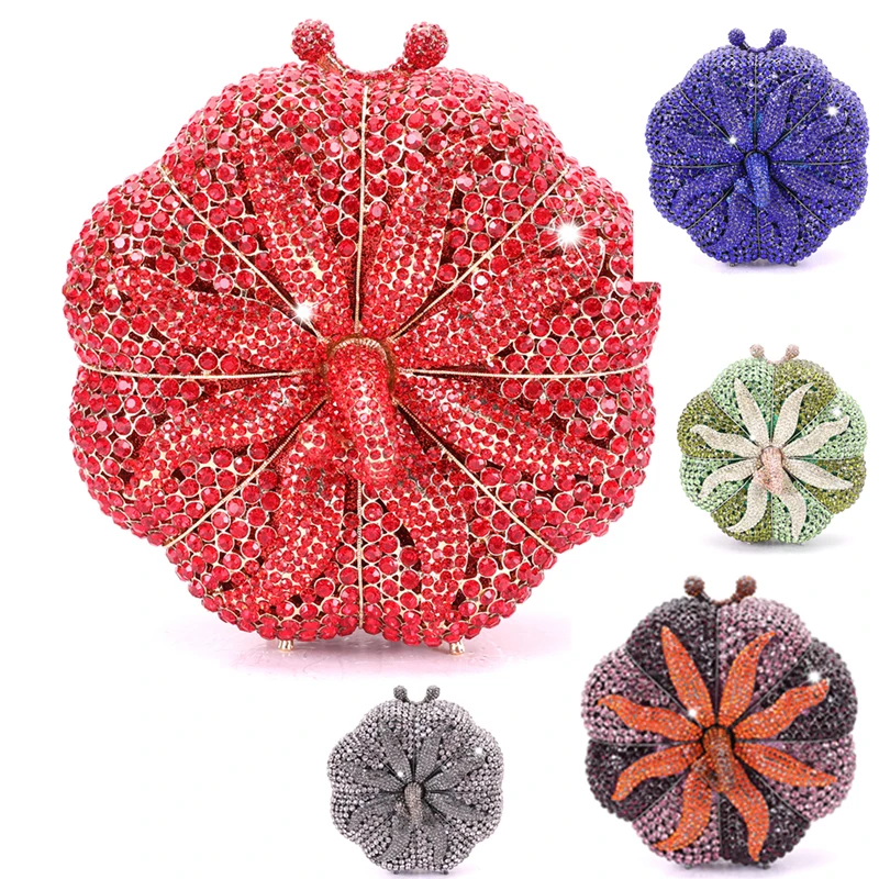 16 Colors Pumpkin Shape Rhinestone Red/Silver Crystal Evening Clutch Women's Bridal Wedding Party Diamond Clutches Handbags