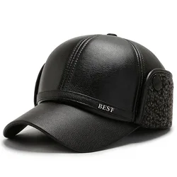 Men Sport Sunscreen SunShade Baseball Cap Winter Elderly Men Letter Windproof Protect Ears Warm PU Leather Adjustable Hats U74