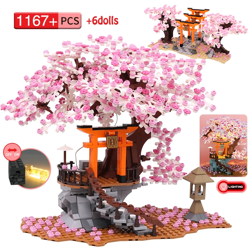 1167Pcs Ideas City Street View Building Blocks Sakura Inari Shrine House DIY Bricks Cherry Blossom Small Size Blocks Kids Toys