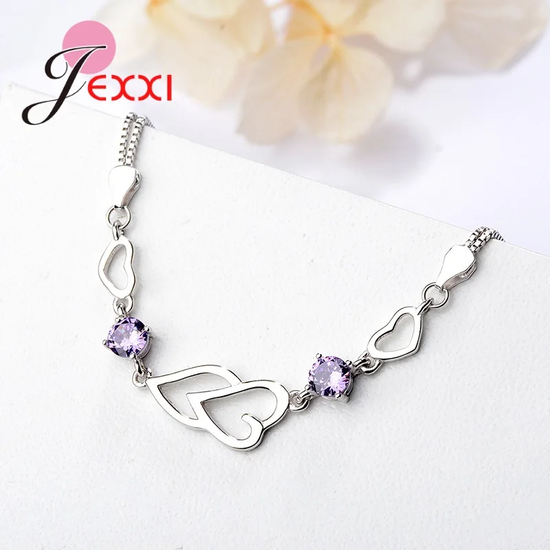 New Fashion Shiny CZ Bracelets For Girls 925 Sterling Silver Hearts Pendant Bracelet Bangles Adjustable Size Women Hand Chain