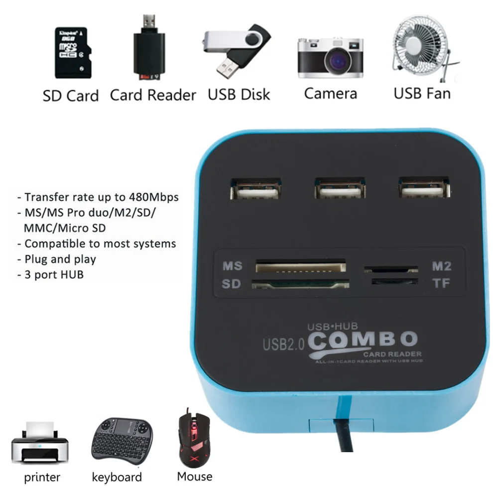 Grwibeou  USB Hub Combo 3 Ports USB 2.0 Micro Card Reader SD/TF USB Splitter Hub Combo All In One for PC Computer Accessories