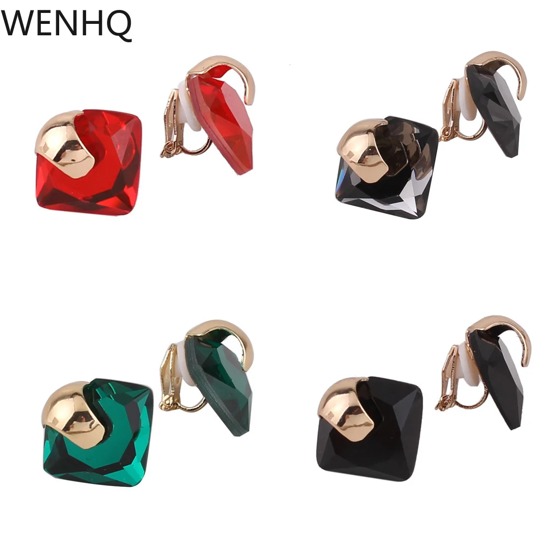 

WENHQ Korea Style Clip on Earrings for Girls Luxury Fashion Gold Color Rhinestone Crystal Cuff Earrings Hypo-allergenic Earrings