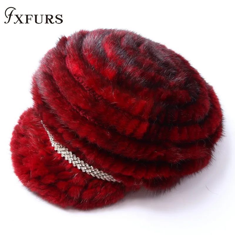 2020 New Winter Women Knitted Mink Fur Hats Peaked Mink Caps with Diamond Fashion Real Fur Beanies Visors Girls Causal Headgears