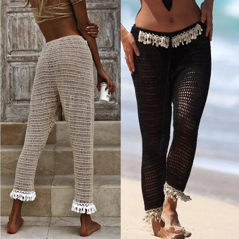 Hand Crochet Sexy Shell Beach Bikini Cover UP Deep V at The Front And Back Top Swim Trousers Long Hot Pants