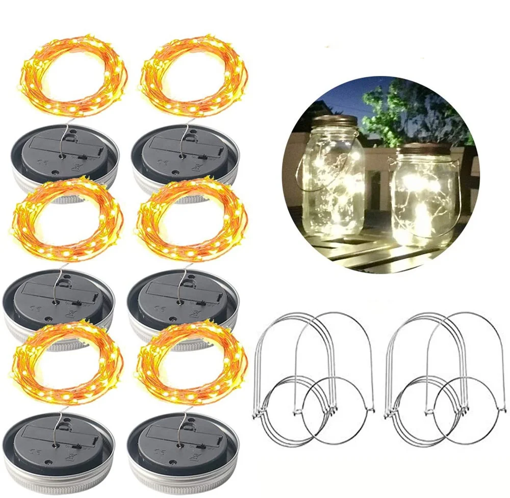 Impermeável Solar String Lights para Jardim, Mason Jar Lid, Fairy Lights, ao ar livre, pátio, gramado, 10 LEDs, 20 LEDs, 6pcs por lote