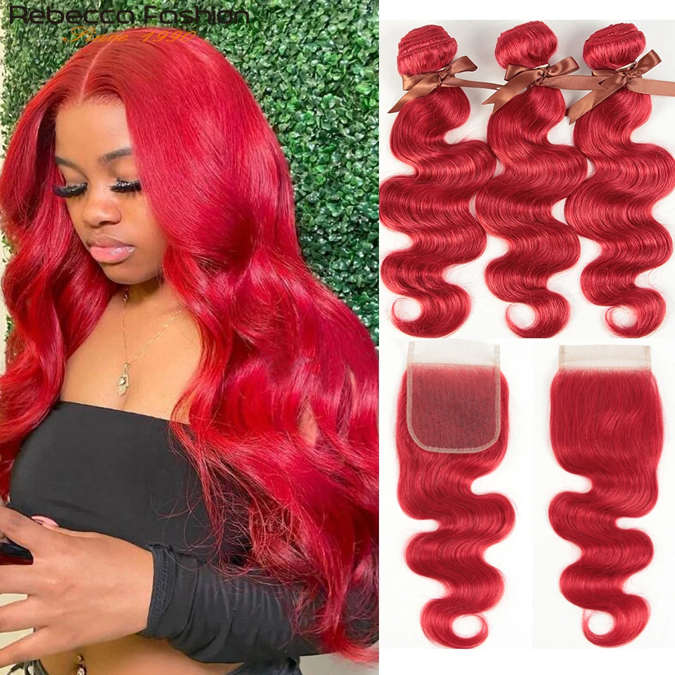 Rebecca Oxblood Red Body Wave Bundles With Closure Brazilian Body Wave Human Hair Bundles With Closure 3 Bundles With Closure