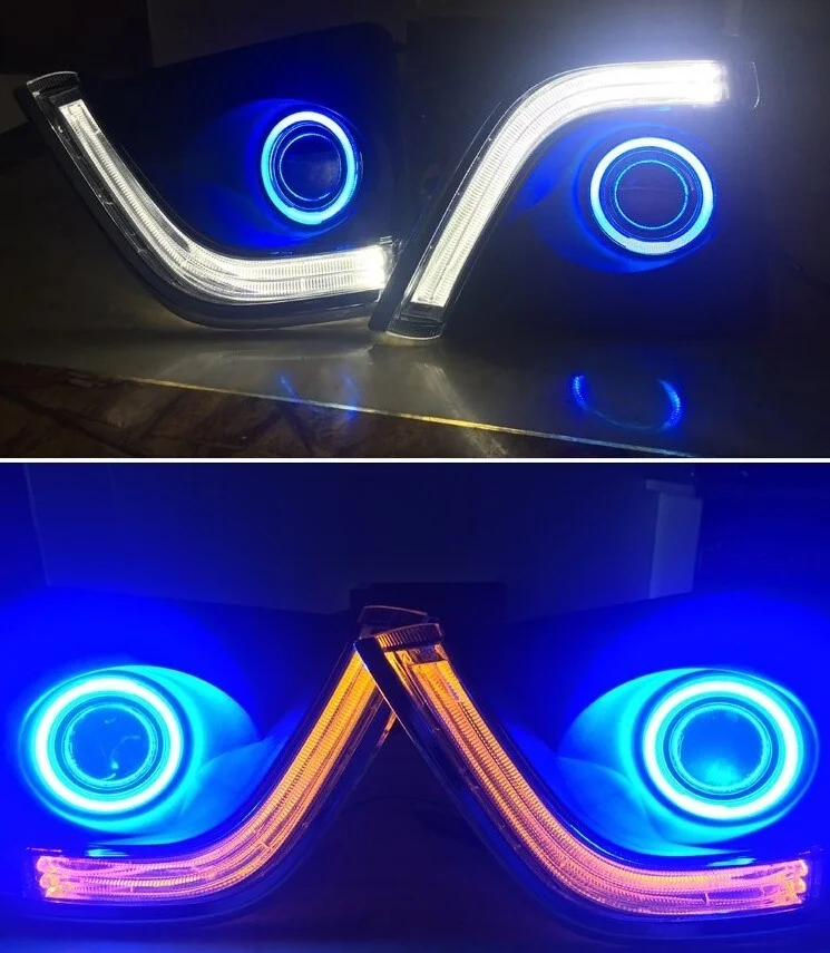 Luz LED blanca DRL + amarilla de giro + Ojo de Ángel COB (6 colores) + lámpara antiniebla halógena (lente del proyector) para toyota corolla 2014