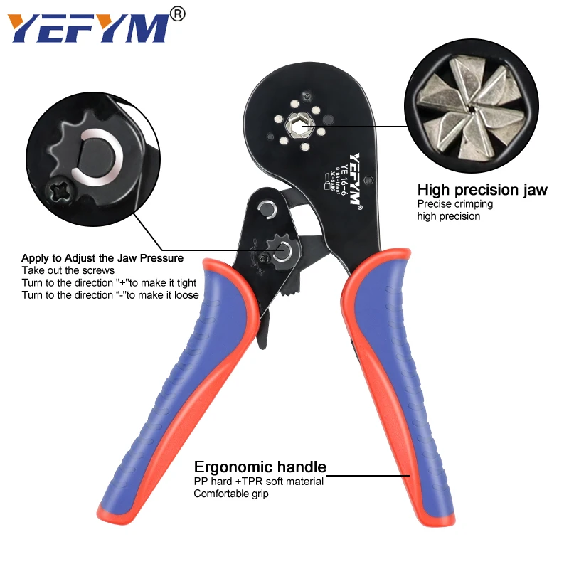 Ferrule Terminal Connectors Hexagon Crimping Pliers YE 16-6 0.08-16mm²/30-5AWG Large Range Size Ratchet Electrical Tools YEFYM