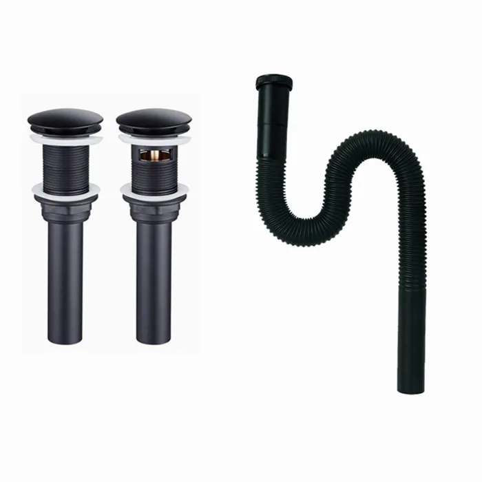 matte black Bathroom Lavatory Vanity Vessel Sink Drain, Black Pop Up Drain Stopper, Flip-Top, Flexible Drain bending Pipe DR90