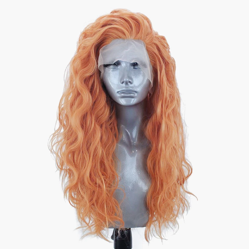 Charisma Long Curly Wig Peach Color Synthetic Lace Front Wigs Side Part Cosplay Wig Natural Hairline Lace Wig For Women