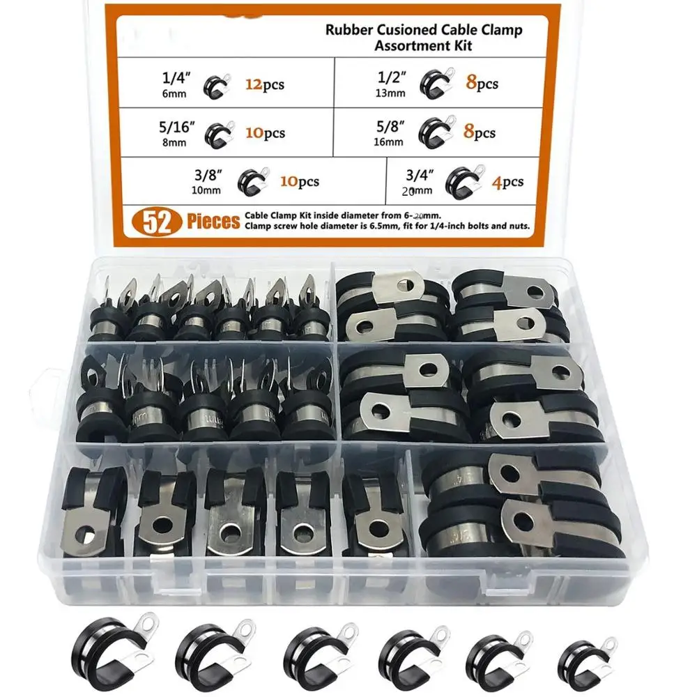 Cable Clamp,52pcs Rubber Cushion Insulated Clamp.Stainless Steel Metal Clamp (Assortment Kit 3)